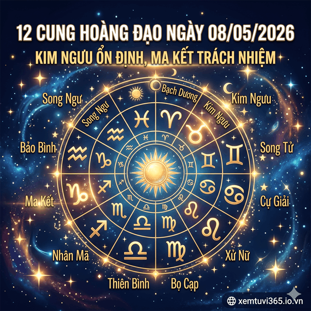 12 Cung Hoàng Đạo Ngày 08/05/2026: Kim Ngưu Ổn Định, Ma Kết Trách Nhiệm