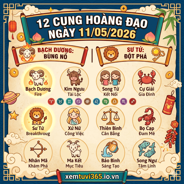12 Cung Hoàng Đạo Ngày 11/05/2026: Bạch Dương Bùng Nổ, Sư Tử Đột Phá