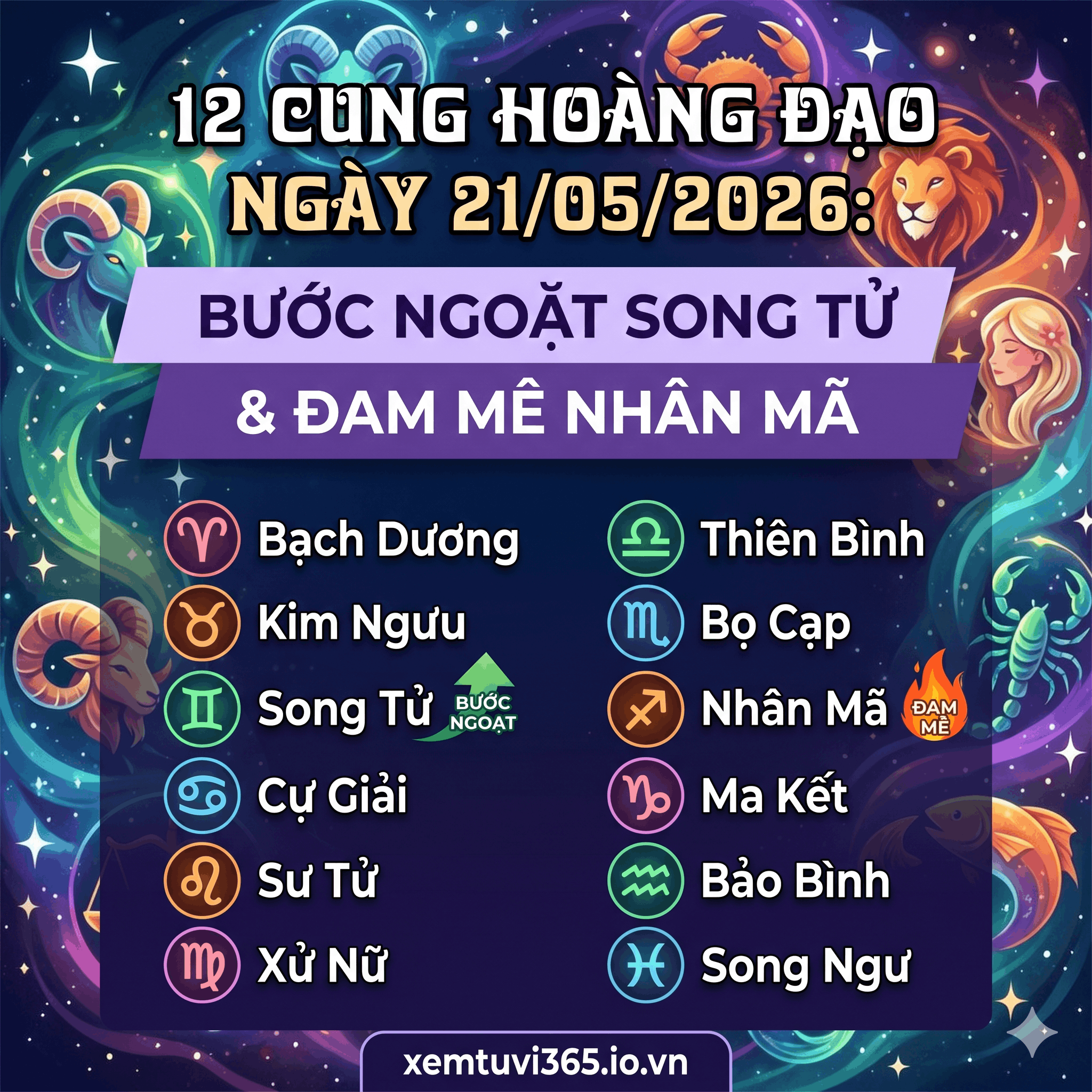 12 Cung Hoàng Đạo Ngày 21/05/2026: Bước Ngoặt Song Tử & Đam Mê Nhân Mã