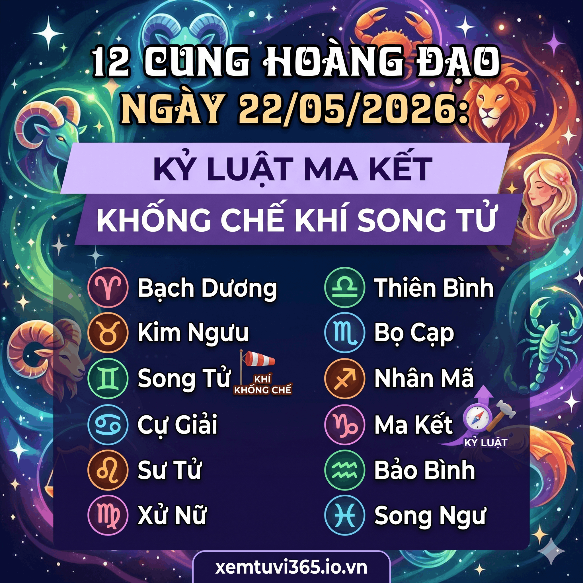 12 Cung Hoàng Đạo Ngày 22/05/2026: Kỷ Luật Ma Kết Khống Chế Khí Song Tử