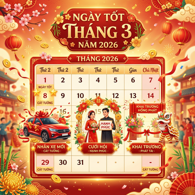 Ngày tốt tháng 3/2026: Cưới hỏi – Mua xe – Khai trương – Động thổ