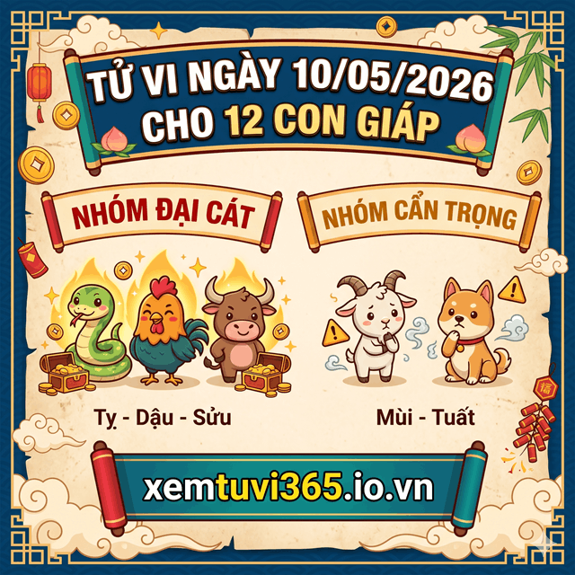 Tử Vi Ngày 10/05/2026 Cho 12 Con Giáp: Tỵ Dậu Sửu Đại Cát, Mùi Tuất Cẩn Trọng